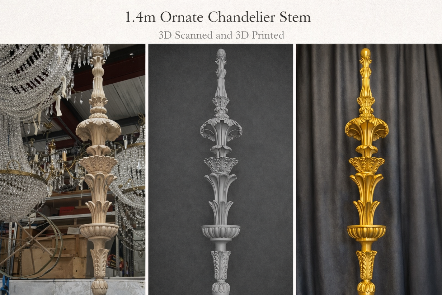 High-resolution 3D scanning and digital reconstruction of a 1.4m ornate chandelier stem, accurately reproduced using precision 3D printing for architectural restoration.