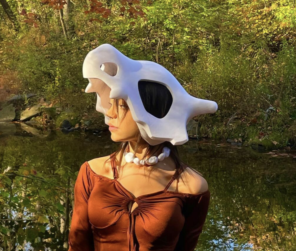 Wearable 3D printed Cubone mask helmet created by BluPrints3D, perfect for cosplay, display, and unique gifts