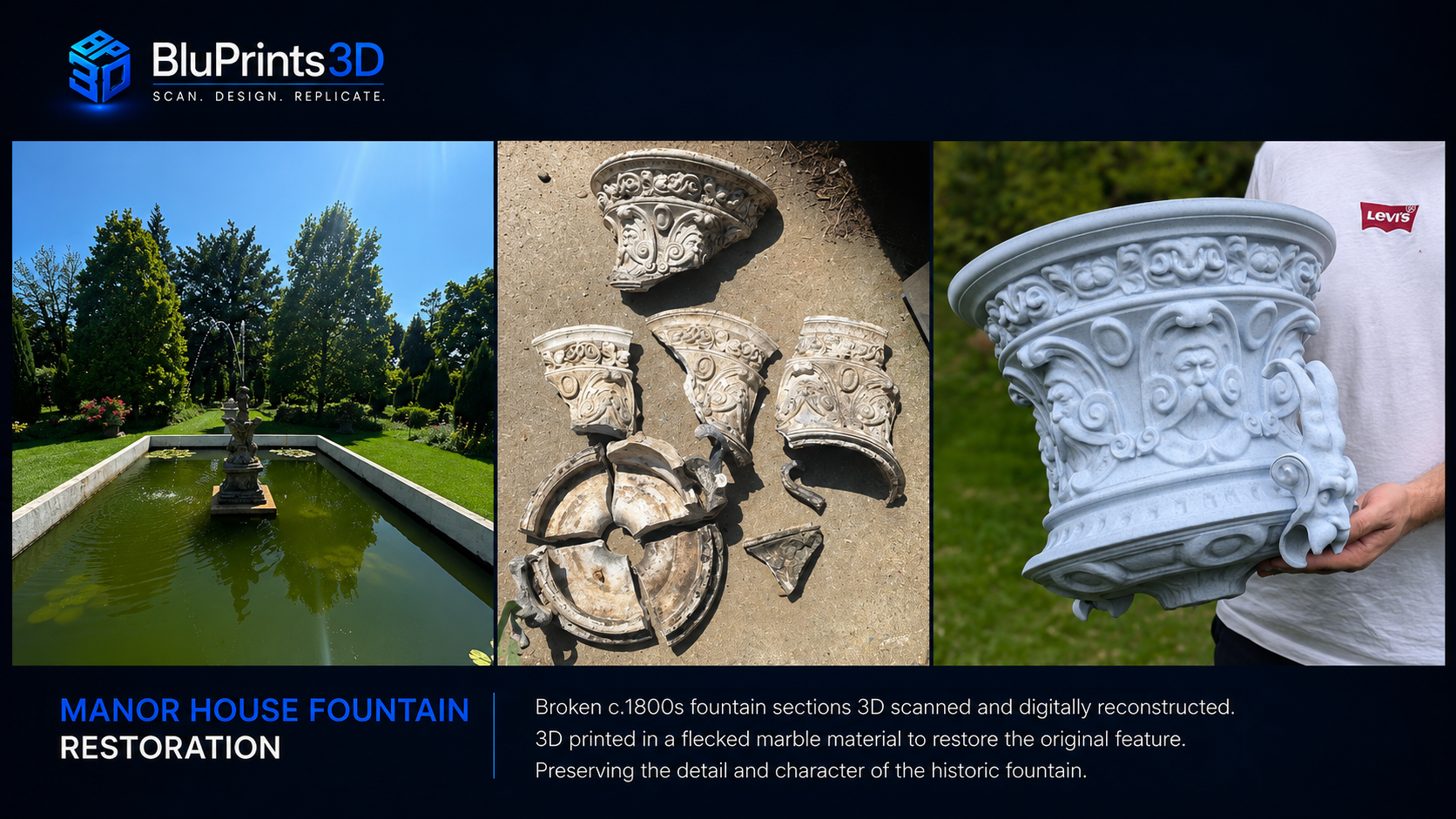 Manor house fountain restoration 3D scanning project by BluPrints3D