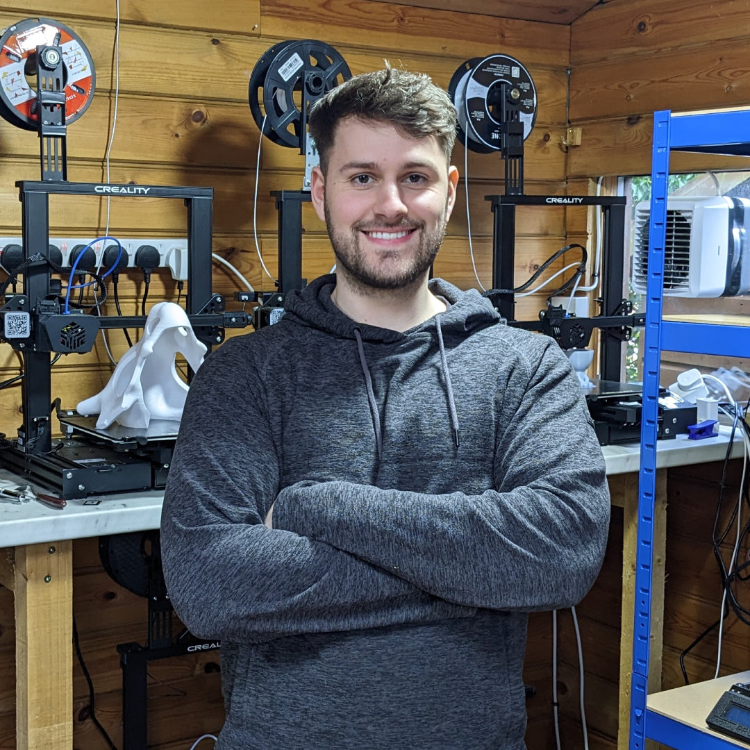 Will from BluPrints3D inside the professional 3D printing workshop, ready to help clients with custom 3D printing and scanning projects in the UK