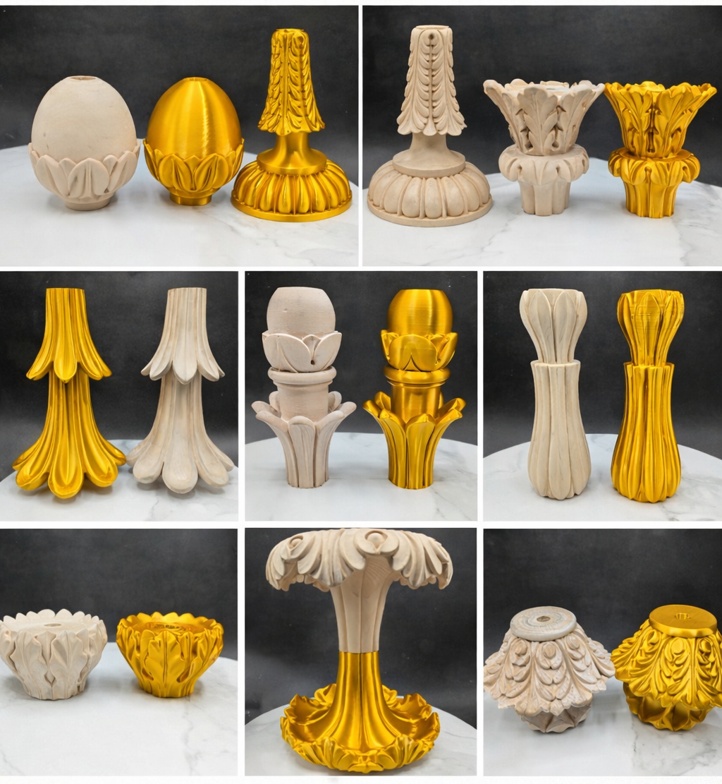 Digitally captured and reproduced ornamental chandelier components, individually 3D scanned and precisely 3D printed for architectural restoration projects.