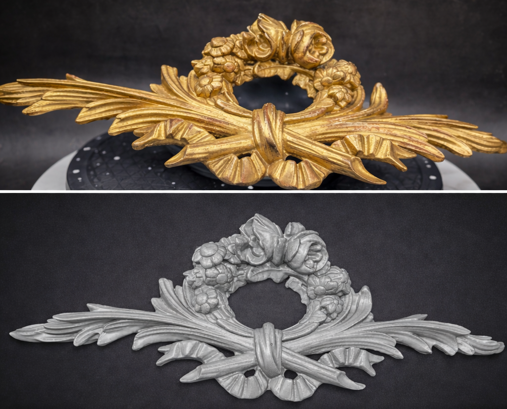 High-resolution 3D scan model of an ornate architectural pelmet alongside the original gilded detail, digitally captured for accurate restoration and reproduction.