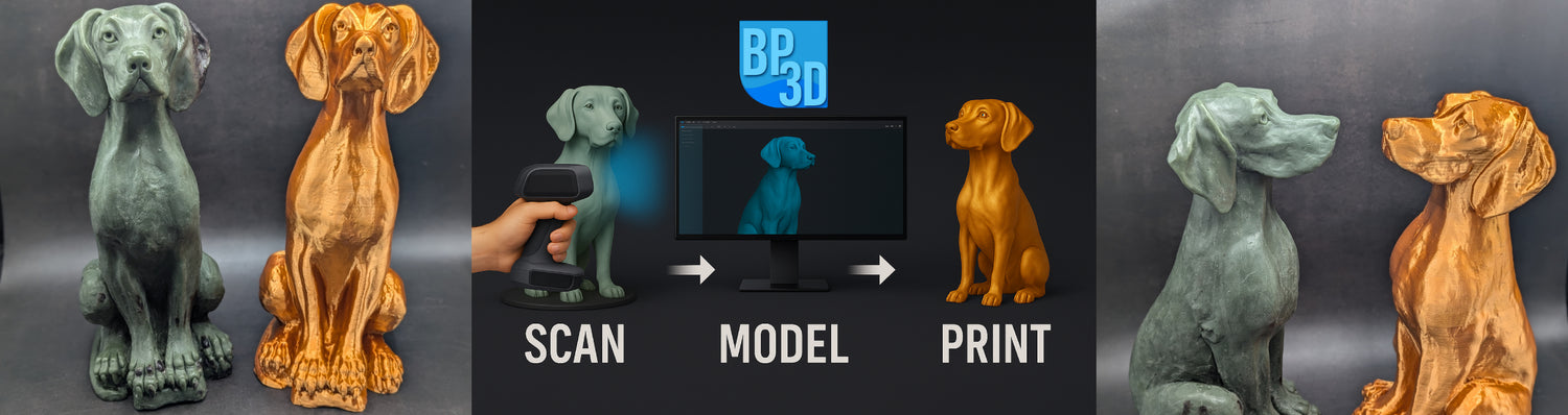 3D scanning service UK – BluPrints3D Scan, Model, Print process showing sculpture scanning, 3D modelling and final printed result.